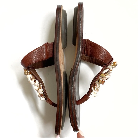 Sam Edelman Bari brown leather white seashell shells t-strap thong sandals flat - Picture 4 of 9